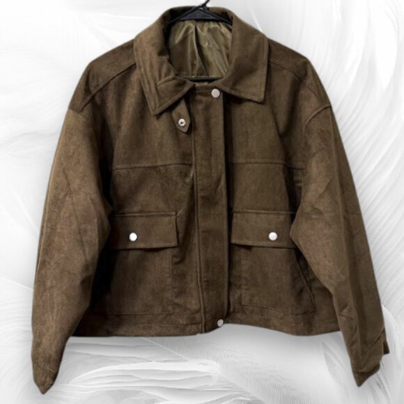 Brown Faux Leather Zip-Up Bomber Jacket with Pockets Size: M - Picture 3 of 13